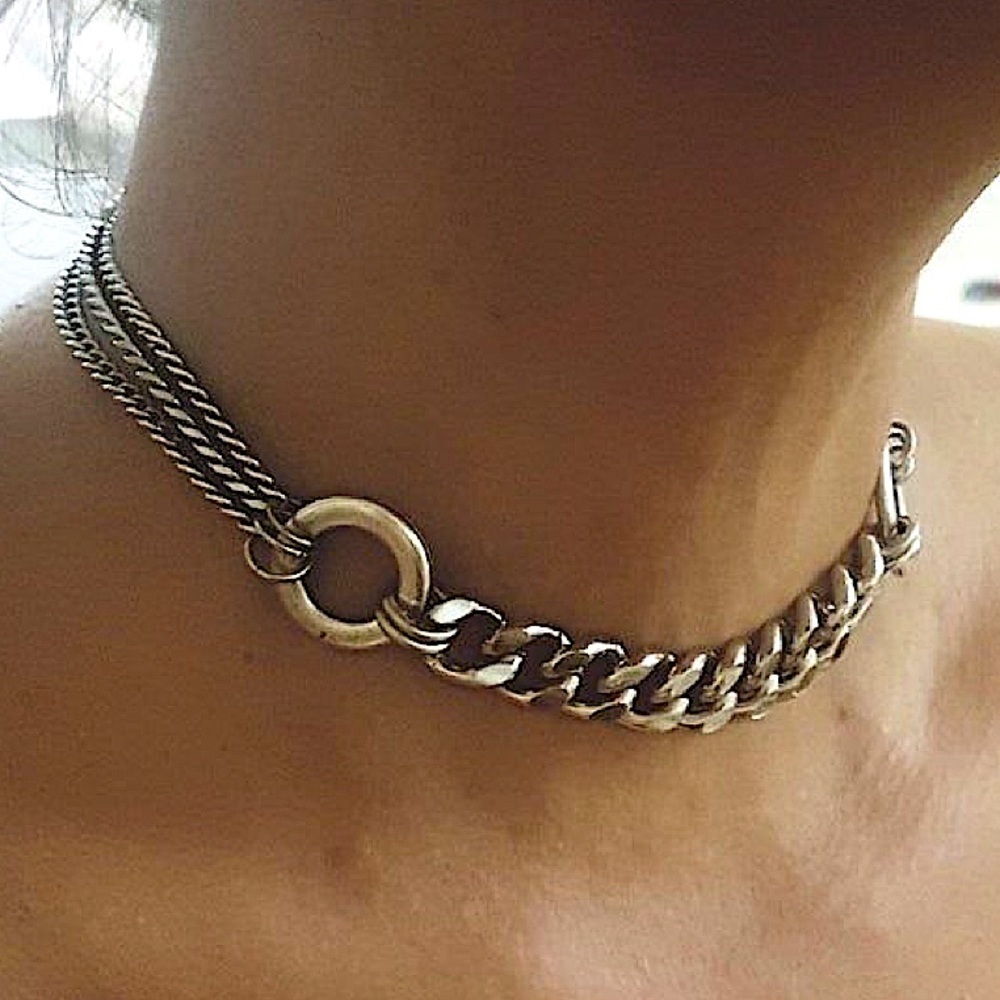 Silver Chinky Chain Link Choker Necklace Statement O Ring Cuban